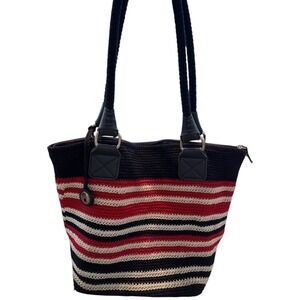 The Sak Cambria Anthem Crochet Tote Bag Navy Blue Red White Striped Nautical